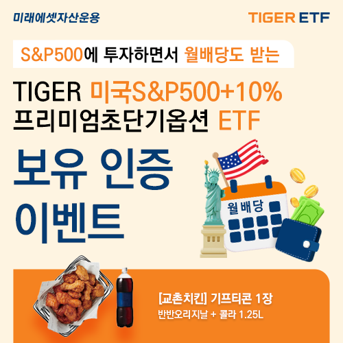 미래에셋자산운용은 TIGER 미국S&P500+10%프리미엄초단기옵션 ETF 순자산 600억원 돌파를 기념해 다음달 12일까지 해당 ETF를 매수한 후 인증한 고객들을 대상으로 추첨을 통해 기프티콘을 증정한다고 30일 밝혔다. ⓒ 미래에셋자산운용