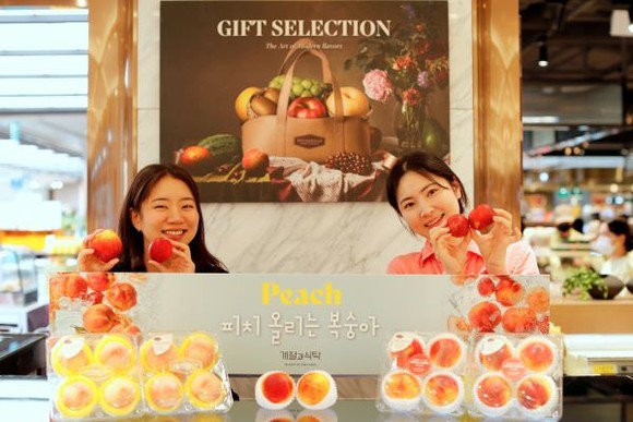 광주신세계 본관 지하 1층 식품관에서 모델들이 여름에 제철인 대극천복숭아와 옐로드림복숭아를 선보이고 있다. ⓒ 광주신ㅅ계