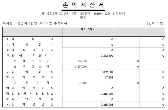코리아팜 2019년 손익 계산서. ⓒ 코리아휠