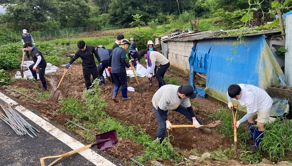 지난 12일에도 청양군 군수와 함께 100여명의 직원 및 자원봉사자가 방문해 복구 활동을 펼치고 있다. ⓒ 부여군