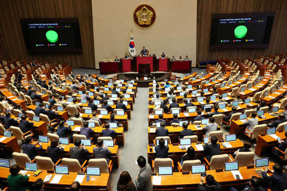 2일 오후 국회 본회의에서 '전 국민 25만원 지원법(민생회복지원금지급 특별조치법)'이 통과되고 있다. ⓒ 연합뉴스