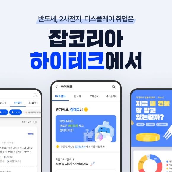 잡코리아가 반도체, 2차전지, 디스플레이 등 첨단기술산업 채용 정보를 한곳에 모아 제공하는 ‘하이테크’ 서비스를 론칭했다. ©잡리아