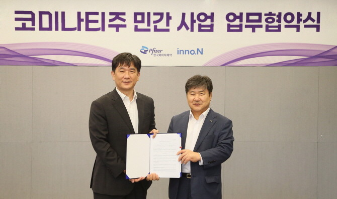 곽달원 HK이노엔 대표(오른쪽), 오동욱 한국화이자제약 대표이사 사장. © HK이노엔