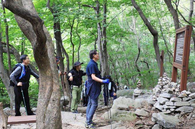 진병영 함양군수와 직원들이 오르고(GO) 함양 황석산 시범 산행을 하고 있다. ⓒ 함양군