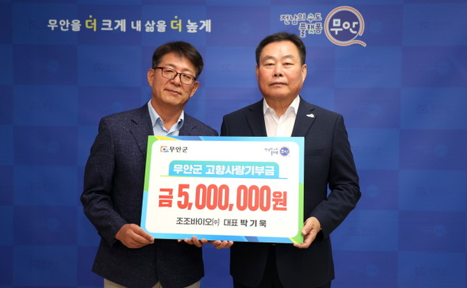 고향사랑기부금 기탁식에 참석한 조조바이오㈜ 박기욱 대표(왼쪽), 김산 무안군수. ⓒ 무안군