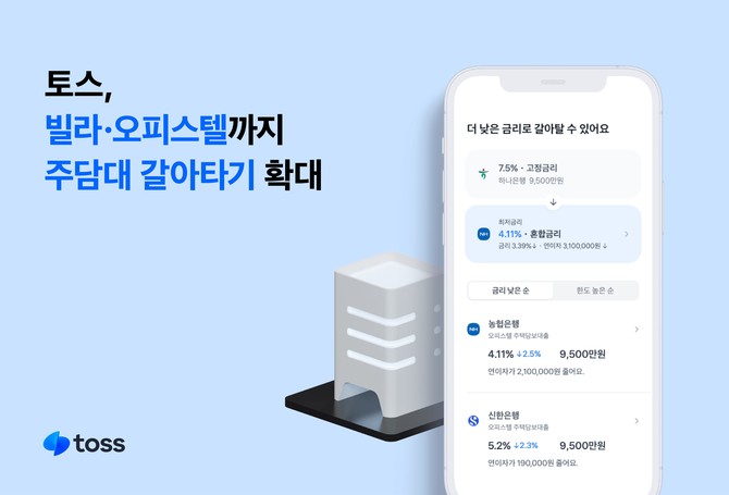 토스는 기존 아파트에 더해 빌라 및 주거용 오피스텔에 대해서도 주택담보대출 갈아타기 서비스를 이용할 수 있다고 4일 밝혔다. ⓒ 토스