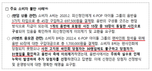 한국 소비자원에 신고된 k팝 관련 소비자 불만 사례. ⓒ 정연욱 의원실