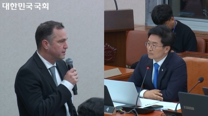 (왼쪽부터) 피터얀 반데피트 우아한형제들 대표가 정진욱 더불어민주당 의원의 질의에 답하고 있다. ⓒ 국회방송 캡처 일부