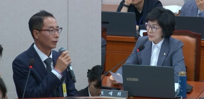 8일 국회에서 열린 산업통상자원중소벤터기업위원회 국정감사에서 (왼쪽부터) 김명규 쿠팡이츠 대표가 오세희 더불어민주당 의원의 질의에 답하고 있다. ⓒ 국회방송 캡처 일부