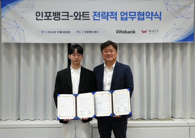 최재원 와트 대표와 인포뱅크 자율주행 운영 사업부 김인상 아이무브 대표(오른쪽). ⓒ 인포뱅크