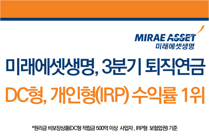 미래에셋생명은 자사의 2024년 3분기 퇴직연금 원리금 비보장형 기준 확정기여형(DC형) 수익률이 금융권 1위를 차지했다고 31일 밝혔다. ⓒ 미래에셋생명