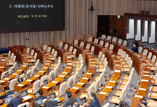 국민의힘 의원들이 7일 국회본회의에서 윤석열 대통령 탄핵소추안 표결에 앞서 본회의장을 떠나고 있다. ⓒ 연합뉴스