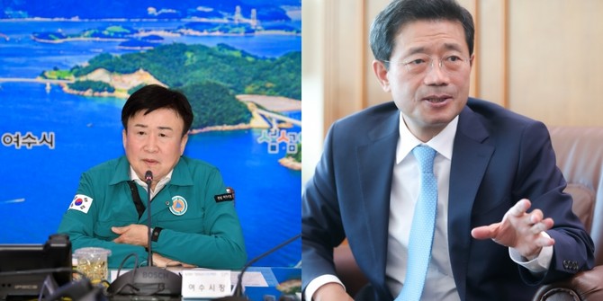 정기명 여수시장(왼쪽)과 정인화 광양시장이 지난 7일 대시민 담화문과 협조문을 발표했다. ⓒ 여수시·광양시