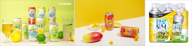 (왼쪽부터) 세븐일레븐 맥주에빠진 레몬, 카브루 츄잉 하이볼 망고, 하이트진로 진로토닉워터 아이셔 청사과맛. © 각 사