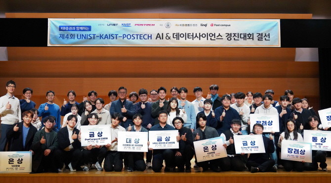 KB증권(사장 김성현, 이홍구)은 울산과학기술원(UNIST), 포항공과대학교(POSTECH), 한국과학기술원(KAIST)과 함께 진행한 'AI&데이터사이언스 경진대회'를 성공적으로 마쳤다고 14일 밝혔다. ⓒ KB증권