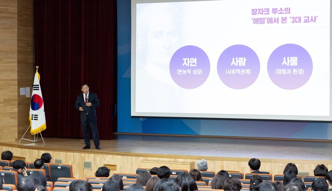 최민호 세종시장이 4일 세종시교육청에서 직원 200여 명을 대상으로 한 특강에서 '세계로 나아가는 미래교육도시 세종'을 주제로 특강을 하고 있다. ⓒ 세종시