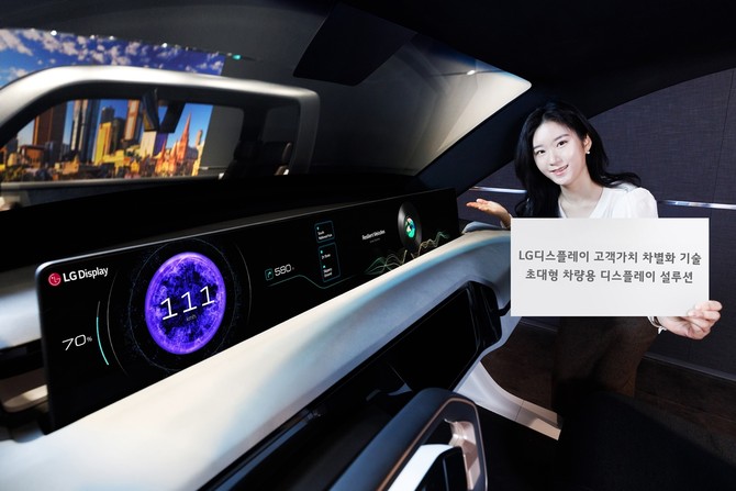 LG디스플레이 임직원이 초대형 차량용 디스플레이 솔루션 '필러투필러(P2P)'를 소개하고 있다. ⓒ LG디스플레이