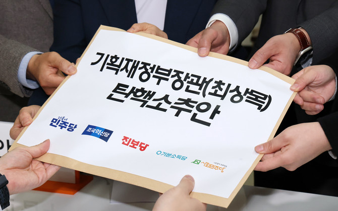지난 21일 서울 여의도 국회 의안과에 최상목 대통령 권한대행 부총리 겸 기획재정부 장관 탄핵소추안을 △용혜인 기본소득당 대표 △김용민 더불어민주당 원내수석부대표 △정춘생 조국혁신당 원내수석부대표 △윤종오 진보당 의원이 제출하고 있다. ⓒ 연합뉴스
