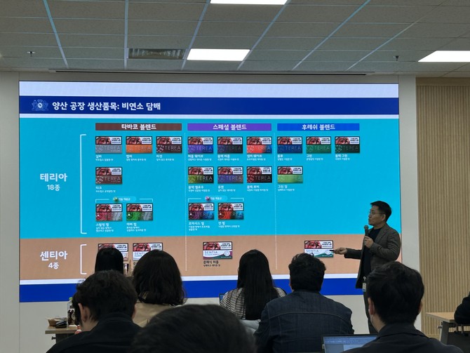 정창권 한국필립모리스 양산 공장 엔지니어링부문 총괄 이사가 비연소 담배 제품군에 관해 설명하고 있다. =배예진 기자