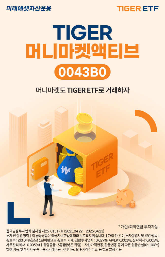 미래에셋자산운용이 한국거래소에 'TIGER 머니마켓액티브 ETF(0043B0)'를 신규 상장한다. ⓒ 미래에셋자산운용