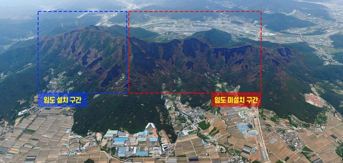 2022년 밀양 산불 임도 설치 지역 및 미설치 지역 비교. ⓒ 산림청