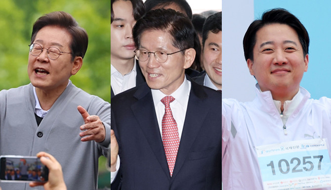 (왼쪽부터)이재명 더불어민주당 대선 후보, 김문수 국민의힘 대선 후보, 이준석 개혁신당 대선 후보. ⓒ 연합뉴스