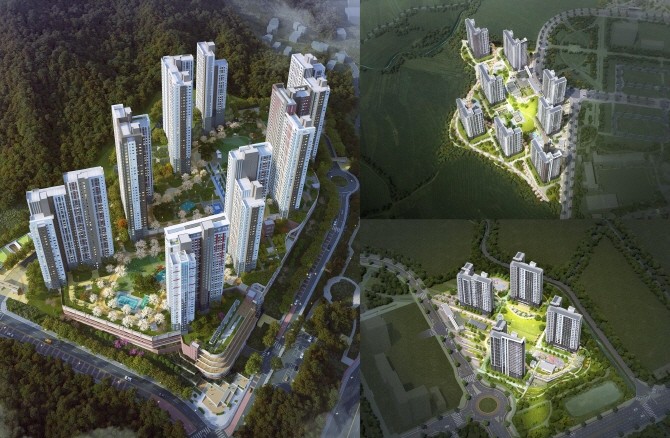 거제 아주 공공지원 민간임대주택 조감도(좌측)와 밀양부북 A-1BL(우측 상단)·S-2BL 조감도(하단). Ⓒ BS한양