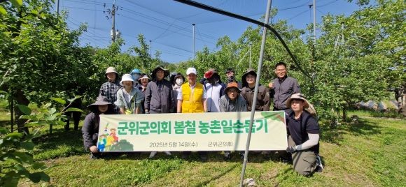 지난 14일 군위군의회 최규종 의장과 의회사무과 직원들은 부계면 소재 사과 재배 농가를 찾아 사과나무 적과 작업을 도왔다. ⓒ 군위군의회