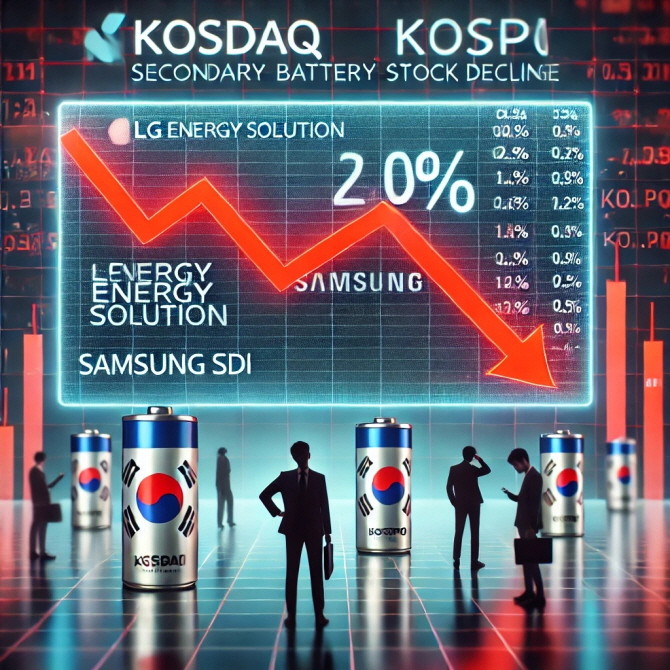19일 한국거래소에 따르면 이달 들어 'KRX 2차전지 TOP 10 지수'는 전 거래일인 지난 16일까지 8.17% 하락했다. 이는 수익률 기준 거래소가 산출하는 34개 테마형 지수 중 꼴찌다. ⓒ 챗 GPT 생성 이미지.