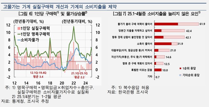 한국은행 조사국이 올해 1월부터 4월까지 소비지출을 늘리지 않은 이유에 대해 설문한 결과. ⓒ 한국은행