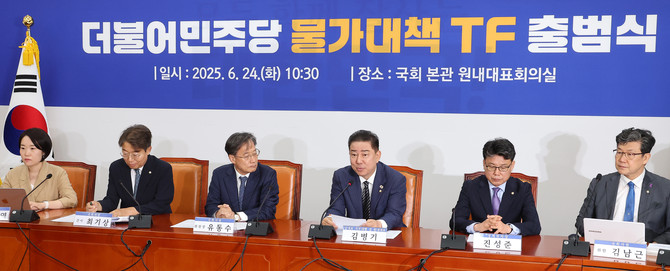 24일 국회에서 열린 물가대책TF 출범식에서 (왼쪽 네 번째)김병기 더불어민주당 대표 직무대행 겸 원내대표가 발언하고 있다. ⓒ 연합뉴스