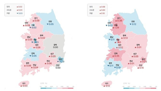 7월 1주 아파트 매매가격변동률(좌측)과 6월 아파트 매매가격 변동률. © 부동산R114