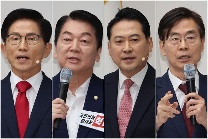 국민의힘 당대표 선거가 '탄핵 반대' 김문수·장동혁 후보와 '탄핵 찬성' 안철수·조경태 2파전으로 압축됐다. ⓒ 연합뉴스