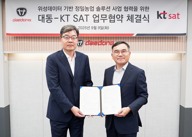 대동이 지난 9일 서울 서초구에 위치한 서울 사무소에서 KT SAT과 위성 기반 정밀농업 솔루션 공동 개발 및 국내외 사업화 협력을 위한 전략적 업무협약을 체결했다. 권기재 대동 그룹경영실장(오른쪽)과 서용수 KT SAT 대표가 업무협약서에 사인 후 사진 촬영을 하고 있다. ⓒ 대동