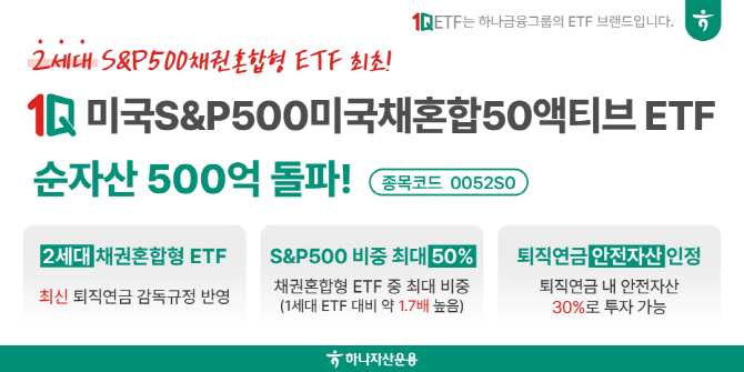 하나자산운용의 '1Q 미국S&P500미국채혼합50액티브 ETF' 순자산이 500억을 돌파했다. ⓒ 하나자산운용