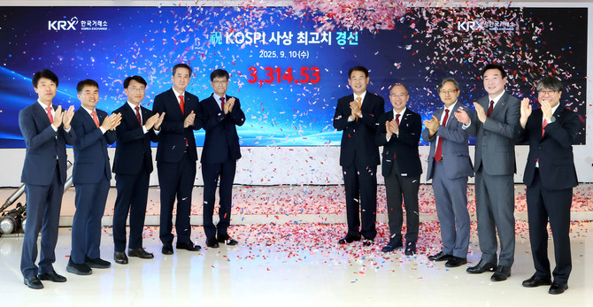 정은보 한국거래소 이사장(오른쪽 다섯번째)과 임직원들이 코스피지수 사상 최고치를 경신을 기념하며 축하 세레모니를 하고 있다. ⓒ 한국거래소