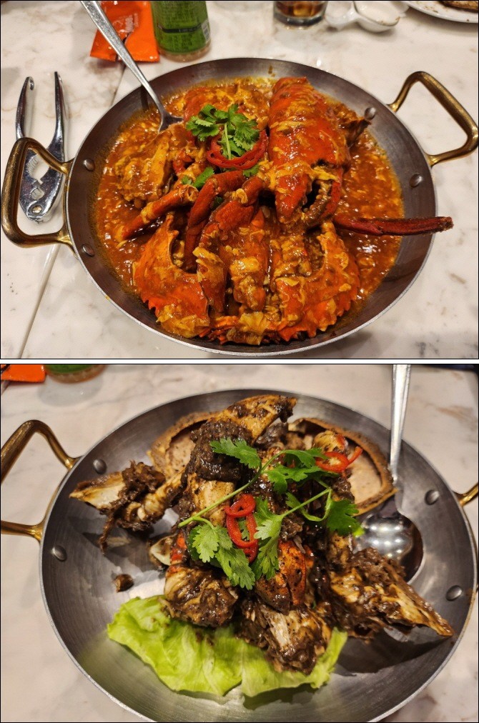 점보씨푸드의 대표 메뉴인 칠리크랩(사진 위)과 블랙페퍼크랩. = 추민선 기자