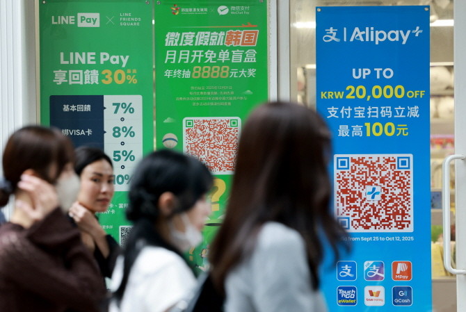 명동 거리에 중국인 관광객들을 상대로 한 간편결제 수단 등 홍보 배너가 설치돼 있는 모습. © 연합뉴스