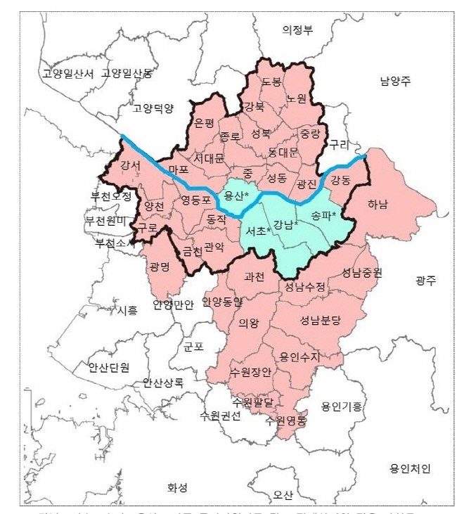 투기과열지구‧조정대상지역 지정. 강남‧서초‧송파‧용산은 기존 투기과열지구‧조정대상지역 적용 자치구. © 국토부