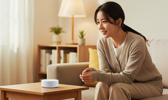 고객이 일상 언어로 대화하면 맥락과 공간을 이해해 연동된 가전과 IoT 기기를 제어하고 서비스까지 연결하는 'LG 씽큐 온'을 체험하는 모습. ⓒ LG전자