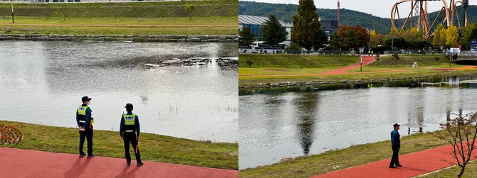 전날보다 더욱 삼엄해진 보안 속에서 경찰과 경호 인력이 행사장 주변 경계를 강화하고 있다. = 김주환 기자