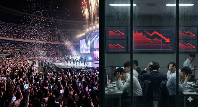 케이팝이 구조적으로 성장 국면에 진입했지만, 국내증시에서 엔터테인먼트 기업들의 주가는 역사적 밸류에이션 저점 구간까지 도달한 상황이다. ⓒ 제미나이 생성 이미지