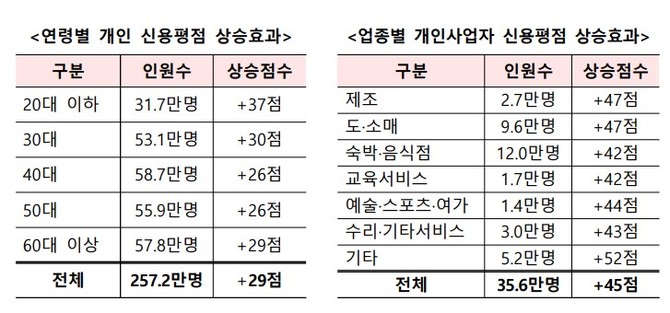 연령별 개인·업종별 개인사업자 신용평점 상승효과. ⓒ 금융위원회