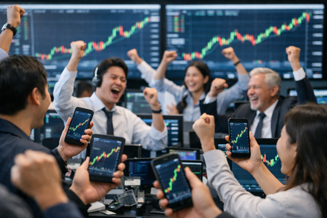 코스피가 5000선을 돌파한 데 이어 코스닥 지수가 1000선을 넘어선 가운데 증시 활황의 직접적인 수혜는 거래 구조상 증권주로 집중되고 있다. ⓒ 챗GPT 생성 이미자