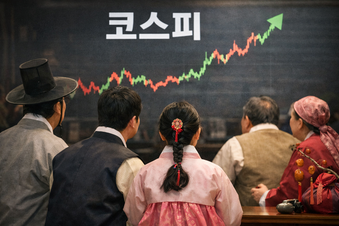 한국거래소에 따르면 지난 2016년부터 2025년까지 최근 10년간 설 연휴 직후 첫 거래일 코스피 등락률을 분석한 결과 상승한 해 5회, 하락한 해 5회로 집계됐다. ⓒ 챗GPT 생성 이미지