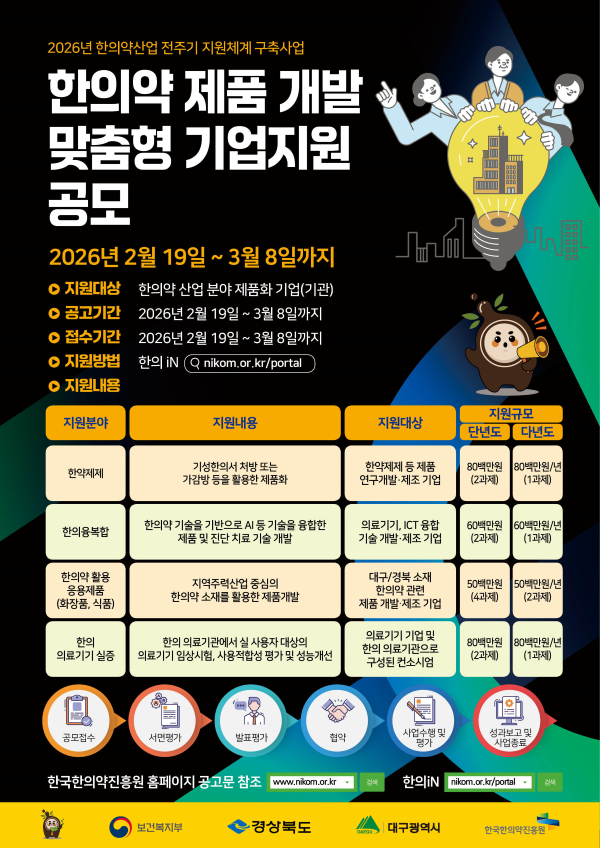 한의약 제품 개발 맞춤형 기업지원 공모 포스터. ⓒ 한국한의약진흥원