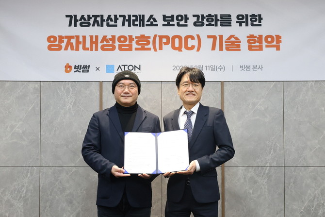 이기택 빗썸 보안총괄(왼쪽)과 우길수 아톤 대표이사가 기술 협약 체결 후 기념촬영을 하고 있다. ⓒ 아톤