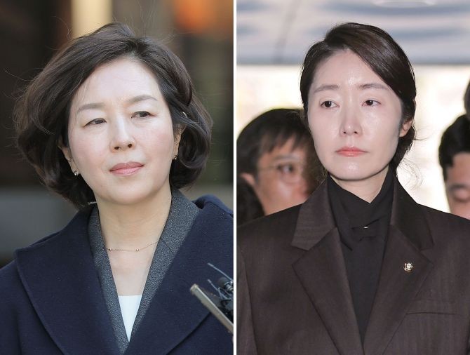 영장실질심사를 마치고 법정을 나서는 김경 전 시의원(왼쪽), 법정에 출석하는 강선우 의원. © 연합뉴스