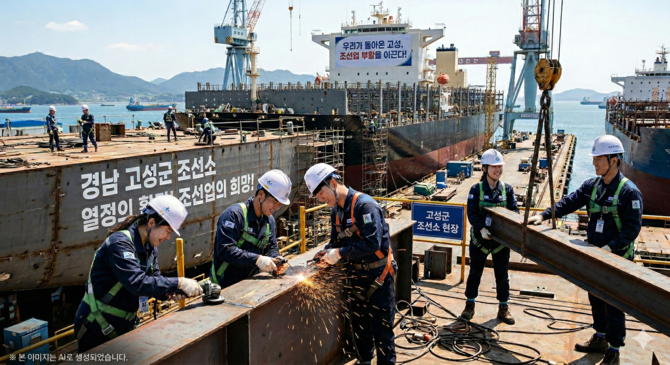 고성군의 조선업 신규 취업자 이주정착비 최대 360만원 지원사업 'AI생성 이미지'. ⓒ 고성군