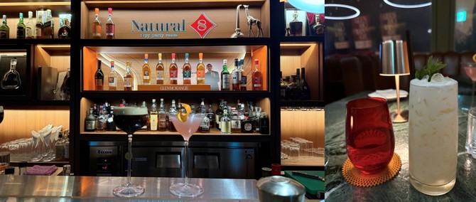 내추럴8 시그니처 칵테일인 '와하카 마티니'와 '코스모폴리탄'. 바텐더에게 따로 요청한 '치치'는 코코넛 특유의 달큰한 향이 인상적이다. = 이인영 기자